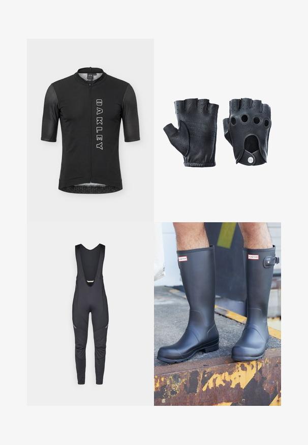 Sort cykeltrøje med korte ærmer med fuld lynlås foran, teksturerede ærmer og lodret hvid "OAKLEY"-logo på højre side.; Vaude MENS MATERA WARM - Bib-leggings - black; Person iført sorte Hunter regnstøvler stående på en rusten metalrand med gule og sorte advarselsmærker.; Sorte læder fingerløse handsker med struktureret finish. Funktioner inkluderer fire fingerhuller, forstærket syning og en trykknaplukning.