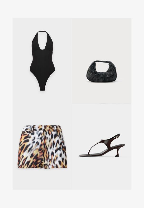 Maillot de bain une pièce noir avec un design à col halter. Il présente un décolleté en V profond, une texture lisse et des ouvertures de jambes échancrées.; Shorts courts pour femmes avec un imprimé léopard en nuances de marron, noir et blanc, avec passants de ceinture et poches avant.; Sandale slingback en cuir verni marron foncé avec petit talon et bride entre les orteils sur fond blanc.; Sac hobo tissé noir avec une structure souple et une poignée intégrée, présenté sur un fond clair uni.