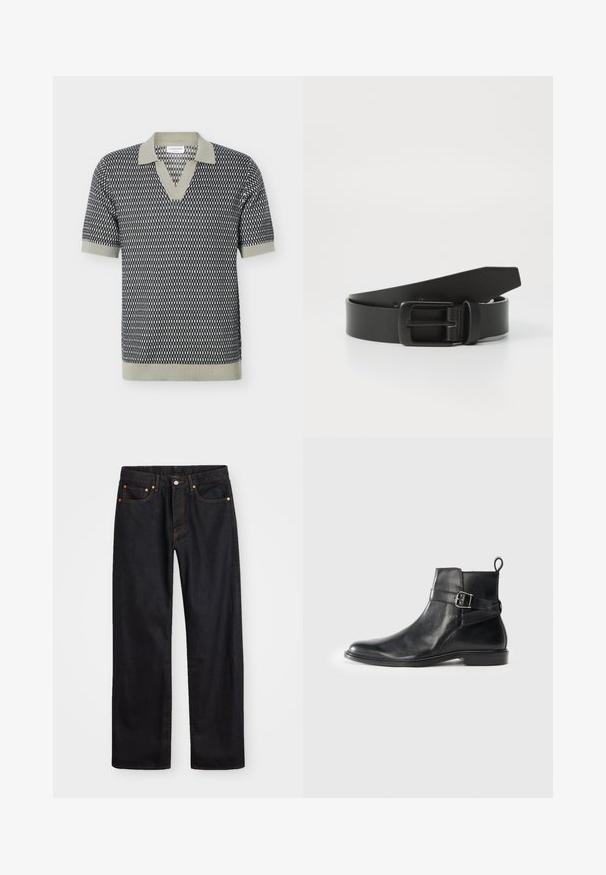 Kortærmet strikket polo med sort og hvidt geometrisk mønster, beige krave, manchetter og kant.; Mænds lige ben sorte denim jeans med fem lommer og orange syninger, knap- og lynlåslukning foran på taljen.; Sorte læder ankelstøvler med rund tå, sidespænde detaljer og en løkkerings på hælen. Flad sål med en subtil glansfinish.; Sort læderbælte med spænde i mat sort metal, der har en glat tekstur og enkelt design. Justerbar længde med en tilspidset ende.