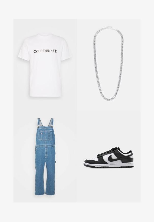 Biela bavlnená tričko s krátkymi rukávmi a okrúhlym výstrihom. Má veľké logo "carhartt" v tmavo hnedej farbe cez hruď.; Džísy v svetlomodrej farbe s nastaviteľnými popruhmi, prednou kapsou a bočnými vreckami. Voľný strih so rovným strihom nohavíc, vyrobené z bavlnenej tkaniny.; Čierno-biele tenisky Nike Dunk s koženým vrchom, perforovanou špičkou, čiernymi šnúrkami a čiernou gumovou podrážkou s dezénom.; Strieborný kovový náhrdelník zretiazky s prepojenými článkami, hladkým povrchom a nastaviteľným zapínaním pre prispôsobenie dĺžky.