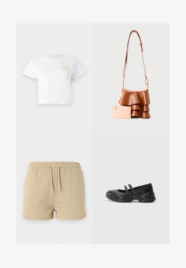 T-shirt cropped blanc en coton, avec un simple design graphique jaune portant "BILLABONG" et "SINCE 1973" brodé sur le devant.; Short beige en coton avec taille élastique et cordon à l’avant, conçu pour un usage décontracté.; Ballerines noires en cuir avec deux brides réglables, un bout rond et une semelle en caoutchouc texturé pour une meilleure adhérence.; Sac à main en cuir marron avec un design à volants étagés et une sangle réglable, accompagné d'une petite pochette zippée rose clair.
