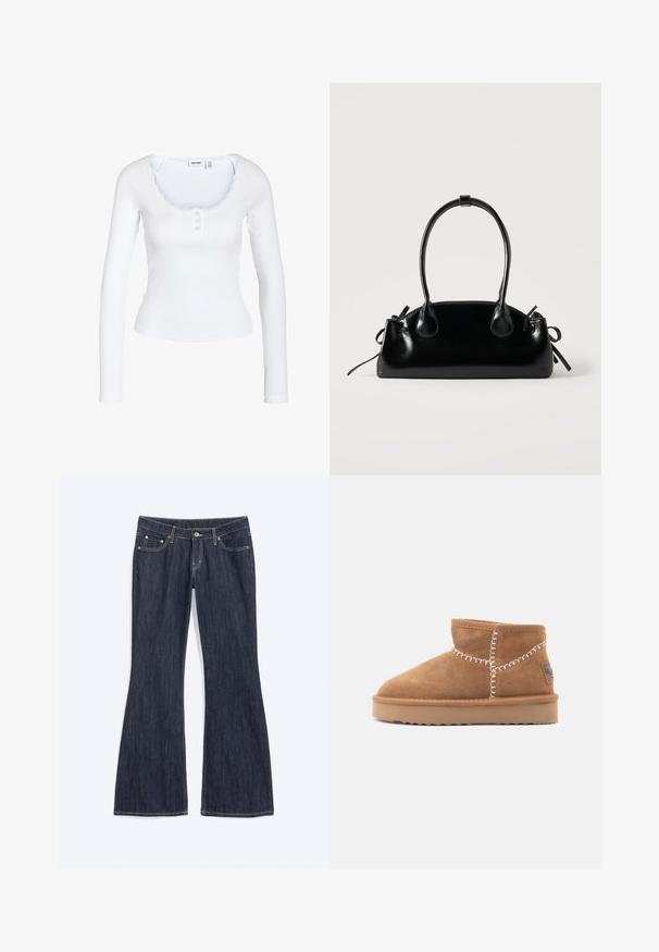 Hvid langærmet ribbet top med bådudskæring, tre knapper foran og subtil blondekant omkring kraven.; Mørkeblå denim jeans med en let vidde forneden, med forlommer, knap og synlige syningsdetaljer.; Brune ruskinds ankelstøvler med rund tå, hvid dekorativ syning og en tan gummisål med et zigzag-mønster.; Lille sort blank håndtaske med to lange håndtag og snøre-detaljer i siden på en ensfarvet lys baggrund.