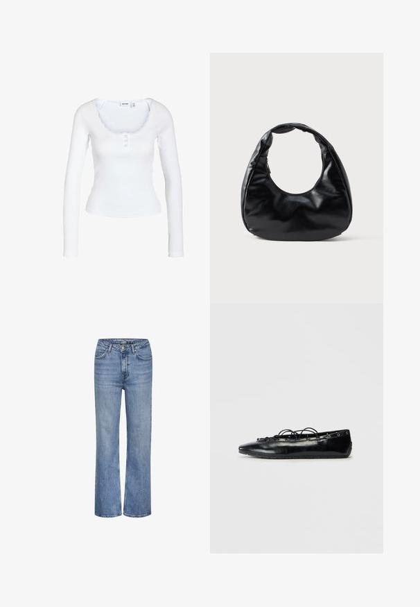 Witte geribde top met lange mouwen, boothals, drie knopen aan de voorkant en een subtiele kanten afwerking rond de kraag.; Blauwe high-waisted straight-leg denim jeans met een knoop sluiting aan de voorkant, ritssluiting en vijf-pocket ontwerp.; Zwarte puntige platte schoen met vetersluiting en oogjes langs de randen, weergegeven op een witte achtergrond.; Zwarte neplederen handtas met een unieke halve maanvorm, een brede, gevoerde handgreep en een ritssluiting. Glad, glanzend oppervlak, minimalistisch ontwerp.