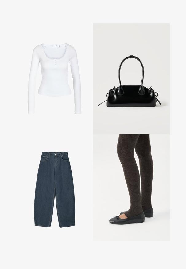 Hvid langærmet ribbet top med bådudskæring, tre knapper foran og subtil blondekant omkring kraven.; Mørkeblå denim buede bukser med høj talje, som har fem lommer og synlige stingdetaljer. Ren, minimalistik design.; Ben iført mørke ribbede leggings kombineret med sorte balletsko med små sløjfedetaljer på hvid baggrund.; Lille sort blank håndtaske med to lange håndtag og snøre-detaljer i siden på en ensfarvet lys baggrund.