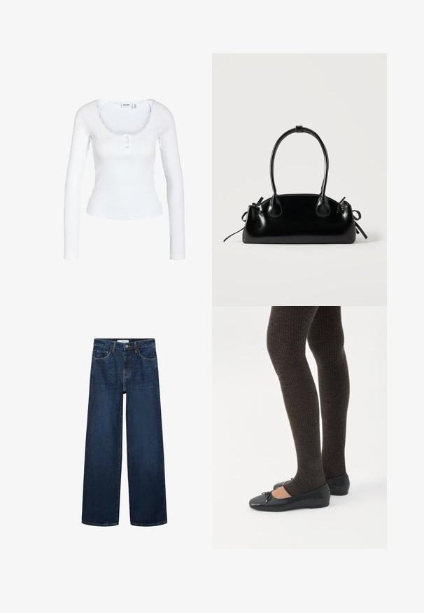Witte geribde top met lange mouwen, boothals, drie knopen aan de voorkant en een subtiele kanten afwerking rond de kraag.; Brede donkerblauwe denim jeans met hoge taille, voorzien van vijf zakken en een klassieke knoopsluiting. Glad textuur en rechte snit.; Benen met donkere geribbelde leggings gecombineerd met zwarte ballerina's met kleine strikdetails op een witte achtergrond.; Kleine zwarte glanzende handtas met twee lange hengsels en zijkant trekkoord details op een effen lichte achtergrond.