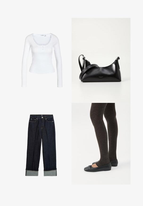 Hvid langærmet ribbet top med bådudskæring, tre knapper foran og subtil blondekant omkring kraven.; Mørkeblå bredbenede jeans med opsmøg, der har orange syninger og klassisk fem-lommers design. Lavet af denimstof.; Ben iført mørke ribbede leggings kombineret med sorte balletsko med små sløjfedetaljer på hvid baggrund.; Sort læderhåndtaske med en glat tekstur. Har en justerbar stropp og et enkelt, minimalistisk design med lynlås.