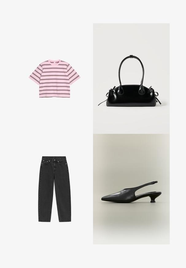 T-shirt rose à manches courtes avec des rayures horizontales noires et blanches, col rond et coupe ample, posé à plat sur fond blanc.; Jean noir taille haute à jambes droites avec cinq poches, fermeture à bouton et coutures visibles sur fond blanc.; Chaussure à bride arrière en cuir noir avec bout pointu et petit talon bas sur fond neutre.; Petit sac à main noir brillant avec deux longues anses et des détails à cordon sur les côtés sur un fond clair uni.