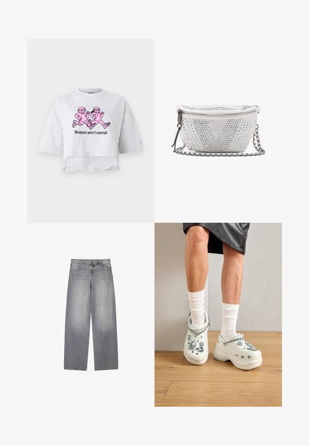 T-shirt cropped gris en coton avec des manches courtes. Affiche un graphique rose de deux silhouettes en train de courir et le texte "Les coureurs ne sont pas normaux."; Jean en denim gris à jambes larges avec une finition légèrement décolorée, doté de cinq poches, d'une fermeture à bouton à l'avant et de passants de ceinture.; Jambes portant des chaussettes blanches et des sabots à plateforme blancs décorés de grosses pierres scintillantes et de perles sur un sol en bois.; Sac bandoulière en cuir blanc avec clous argentés et bandoulière chaîne argentée, doté d'une fermeture éclair sur le dessus.