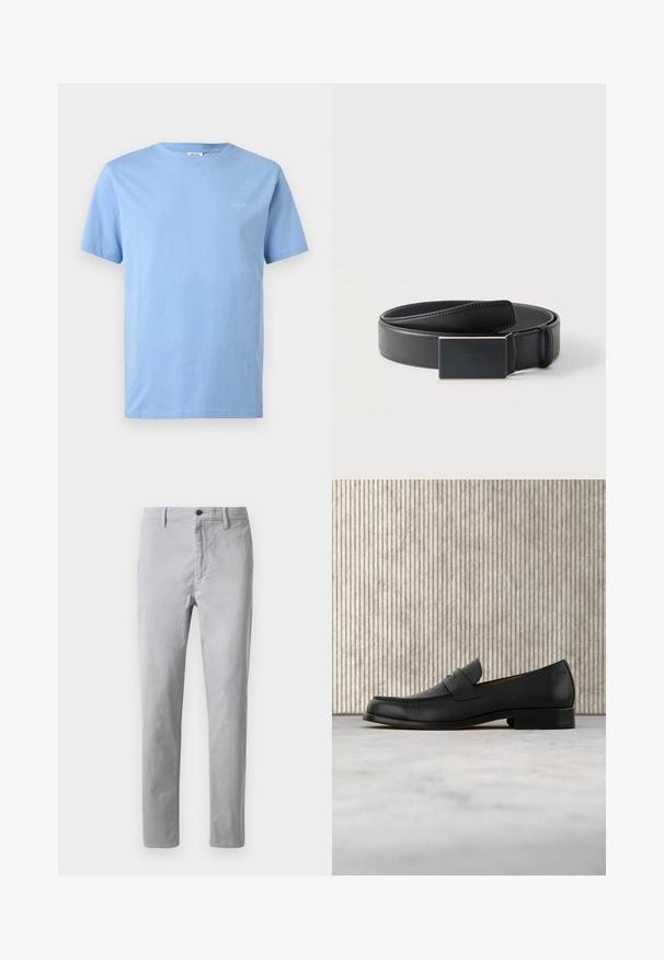 Lichtblauw T-shirt met korte mouwen en ronde hals, met een klein wit "JOOP! JEANS" logo op de linkerborst.; Grijze katoenen chino's met een rechte pasvorm, voorzien van een knoopsluiting, riemlussen en zijzakken. Soepele textuur met minimale stikseldetails.; Zwarte leren loafer zweeft boven een beige tapijt met op de achtergrond een glanzende, ronde, bruine tafel.; Zwarte leren riem opgerold met een rechthoekige matte zwarte gesp en een discreet geperst logo op een witte achtergrond.