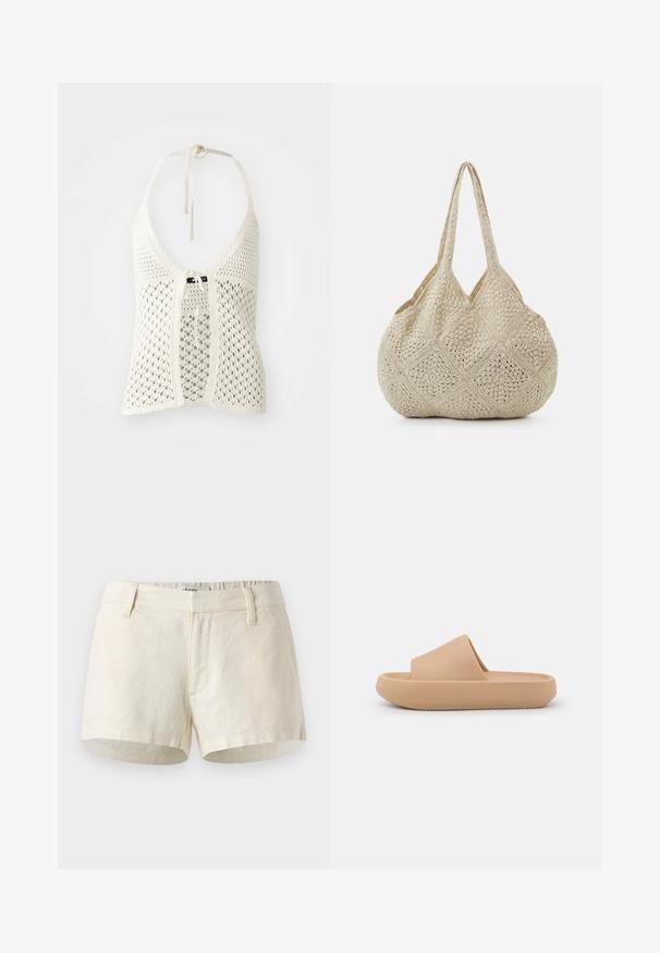Top halter de ganchillo blanco con un diseño abierto, lazos ajustables en el cuello y un cierre frontal atado, además de un forro sólido para mayor soporte.; Pantalones cortos de lino en color beige claro. Presentan una cinturilla plana, bolsillos delanteros y un dobladillo limpio. Diseño simple y minimalista.; Sandalia deslizante marrón con una tira gruesa y texturizada y una suela redondeada. Presenta un acabado suave y una parte inferior con tacos para mayor agarre.; Even&Odd by Zalando Bolso shopping - off-white