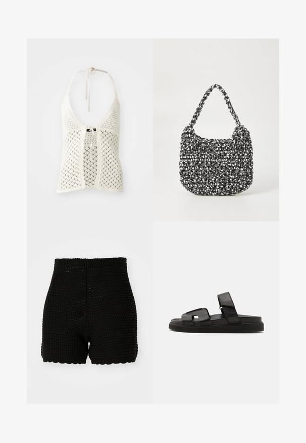 Top halter de ganchillo blanco con un diseño abierto, lazos ajustables en el cuello y un cierre frontal atado, además de un forro sólido para mayor soporte.; Shorts de ganchillo negro con textura acanalada, cintura alta y dobladillo con puntilla. Diseñados para una silueta ajustada y material transpirable.; Sandalias planas de cuero negro con diseño de tiras anchas con recortes geométricos y un acabado texturizado, complementadas con una suela gruesa de goma.; Bolso de mano tejido en blanco y negro con forma redondeada, superficie texturizada y asa trenzada. Adecuado para uso casual.