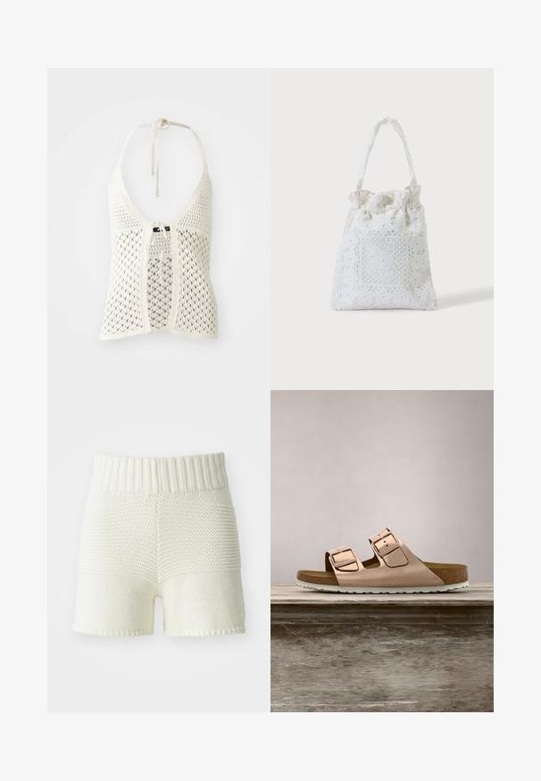 Weißes Häkel-Haltertop mit offenem Design, verstellbaren Nackenbändern und einer Frontbindeschließe sowie einem soliden Unterstoff für Unterstützung.; Strickshorts in Off-White mit geripptem Bund, präsentiert einen Texturunterschied zwischen den oberen und unteren Bereichen, gesäumte Kanten.; Roségoldene Rutsch-Sandalen mit zwei verstellbaren Metall-Schnallen, Kork-Fußbett und weißer Gummisohle. Glatte metallische Oberfläche, offene Zehenspitze.; Weiße Stofftasche mit Spitzenblumenstickerei und einem gerafften oberen Griff, gezeigt vor einem schlichten hellen Hintergrund.