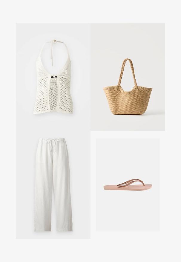 Top halter de ganchillo blanco con un diseño abierto, lazos ajustables en el cuello y un cierre frontal atado, además de un forro sólido para mayor soporte.; Pantalones de lino blancos de corte suelto con cintura elástica y cordón, mostrados sobre un fondo liso.; Chancla única de color rosa claro con suela texturizada y correas metálicas de oro rosa en forma de Y sobre un fondo liso.; Bolso tote de paja trenzada con base ancha, asas trenzadas y color beige natural sobre fondo blanco liso.
