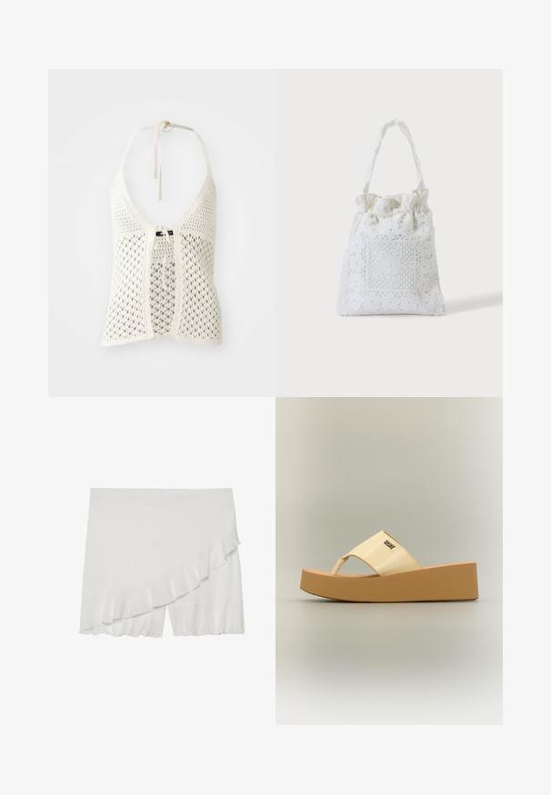 Haut halter en crochet blanc avec un design ouvert, des liens réglables au cou et une fermeture à nouer à l'avant, avec un sous-vêtement uni pour le soutien.; Shorts blancs en tissu texturé, avec un volant asymétrique sur un côté et un ourlet légèrement évasé.; Sandale compensée beige avec semelle épaisse, bout ouvert, large bride et petit logo métallique sur la bride.; Sac cabas en tissu blanc avec broderie florale en dentelle et anse supérieure froncée, présenté sur un fond clair uni.