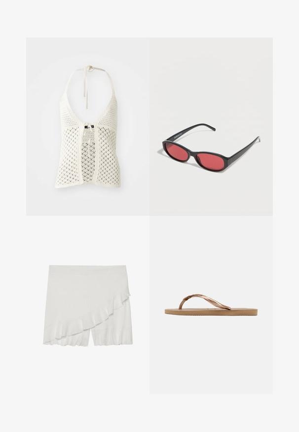 Λευκό πλεκτό halter top με ανοιχτό σχέδιο, ρυθμιζόμενους ιμάντες γύρω από το λαιμό και κλείσιμο μπροστά με κορδόνι, που διαθέτει ενισχυτική εσωτερική επένδυση.; Λευκές σορτσάκια με υφασμάτινη υφή, που διαθέτουν ασύμμετρη ρίγα κατά μήκος της μιας πλευράς και ελαφρώς φαρδιά τελείωση.; Μονό μπεζ σαγιονάρι με υφή στην σόλα και μεταλλικό ροζ χρυσό λουράκι σε σχήμα Υ, σε πλάγια όψη σε απλό φόντο.; Μαύρα οβάλ γυαλιά ηλίου με λεπτούς βραχίονες και κόκκινα φακούς, τοποθετημένα πάνω σε λευκή επιφάνεια.