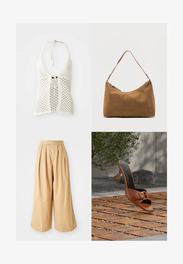 Λευκό πλεκτό halter top με ανοιχτό σχέδιο, ρυθμιζόμενους ιμάντες γύρω από το λαιμό και κλείσιμο μπροστά με κορδόνι, που διαθέτει ενισχυτική εσωτερική επένδυση.; Μπεζ παντελόνια με φαρδιά πόδια και ψηλή μέση, που διαθέτουν τσέπες στο μπροστινό μέρος και είναι φτιαγμένα από μαλακό, υφασμάτινο βαμβάκι.; Καφέ δερμάτινο mule με ψηλό τακούνι και λεπτομέρεια αγκράφας, με το λογότυπο «Guess» στην εσωτερική σόλα, τοποθετημένο σε ξύλινα πλακάκια με σχέδιο, με φόντο πράσινα φυτά και τσιμεντένιο τοίχο.; Καφέ σουέντ τσάντα ώμου με έναν ιμάντα και κλείσιμο με φερμουάρ στην κορυφή, παρουσιάζεται μπροστά σε απλό λευκό φόντο.
