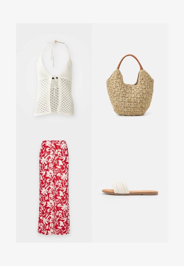 Haut halter en crochet blanc avec un design ouvert, des liens réglables au cou et une fermeture à nouer à l'avant, avec un sous-vêtement uni pour le soutien.; Jupe maxi florale rouge en tissu léger. Caractéristiques de grands motifs de fleurs blanches et d'une taille ajustée, offrant une silhouette droite.; Sandale à glissière tissée blanche avec une texture tressée et des perles décoratives, dotée d'une semelle intérieure lisse couleur tan et d'une semelle en caoutchouc plate.; Sac fourre-tout en paille tissée avec une texture naturelle et une forme douce et organique, doté de poignées en cuir brun pour un transport facile.