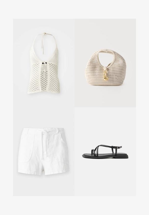 Hvid hæklede halterneck-top med et åbent design, justerbare halsbånd og en frontknaplukning med en solid underlag for støtte.; Hvide linnedshorts med snøre i taljen, har to forlommer og en glat tekstur. Simpelt design uden pynt.; Sorte flade sandaler med tynde justerbare stropper, rektangulær tåpost og en struktureret mat finish. Har en lav, let firkantet hæl.; Kremfarvet vævet håndtaske med rund form, kort håndtag og dekorativ guldfarvet lås hængende foran i midten.
