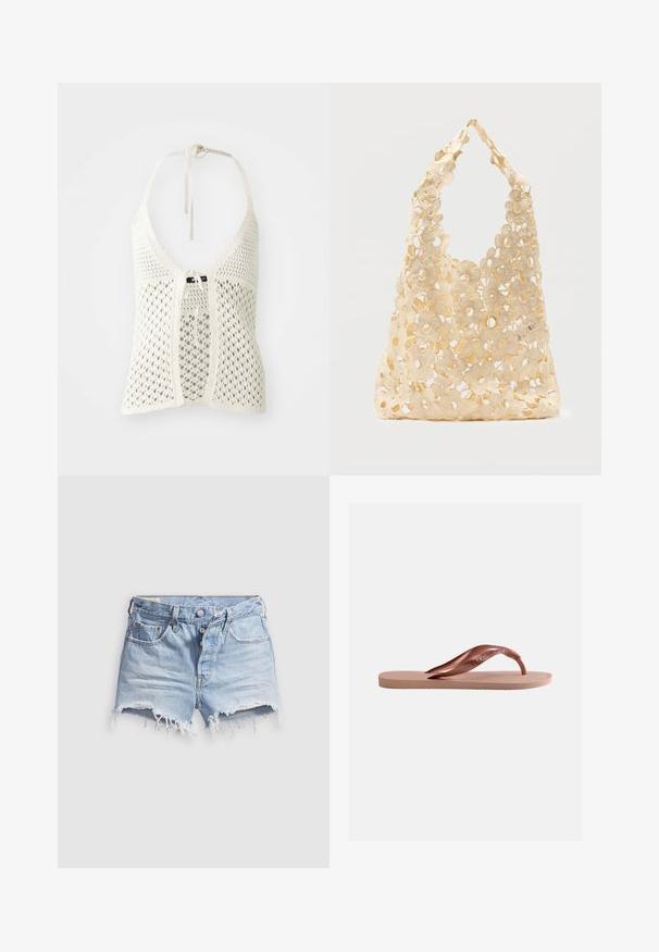 Weißes Häkel-Haltertop mit offenem Design, verstellbaren Nackenbändern und einer Frontbindeschließe sowie einem soliden Unterstoff für Unterstützung.; Hellblaue Jeans-Cut-off-Shorts mit ausgefransten Säumen, fünf Taschen und einem Knopfverschluss. Die Textur ist weich mit einem leicht abgenutzten Aussehen.; Einzelne pinke Gummi-Zehensandale mit strukturiertem Fußbett und breitem Y-förmigem Riemen auf schlichtem weißen Hintergrund.; Beige gehäkelte Tragetasche mit offenem Blumenmuster, bestehend aus großen und kleinen Blumen und einem einzelnen Schlaufenhenkel.