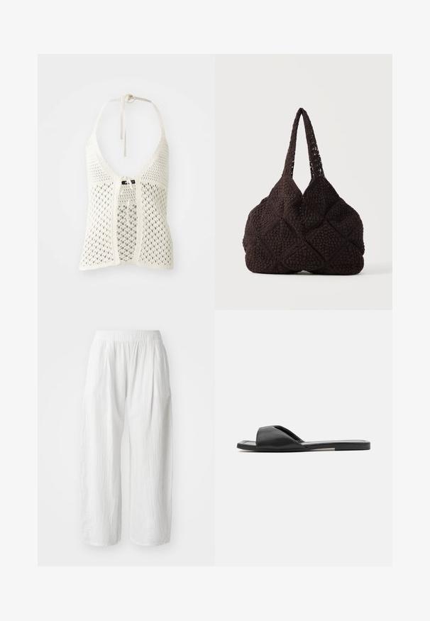 Haut halter en crochet blanc avec un design ouvert, des liens réglables au cou et une fermeture à nouer à l'avant, avec un sous-vêtement uni pour le soutien.; Pantalons blancs légers à jambes larges avec une apparence texturée et une taille élastique pour le confort. Pas de poches ni de fermetures visibles.; Des sandales en slide noires présentent un matériau synthétique lisse, un design ouvert à l'avant et une semelle plate avec une bande d'accent minimaliste sur le côté.; Sac cabas noir au crochet avec motifs carrés texturés et deux bretelles, posé sur un fond uni.