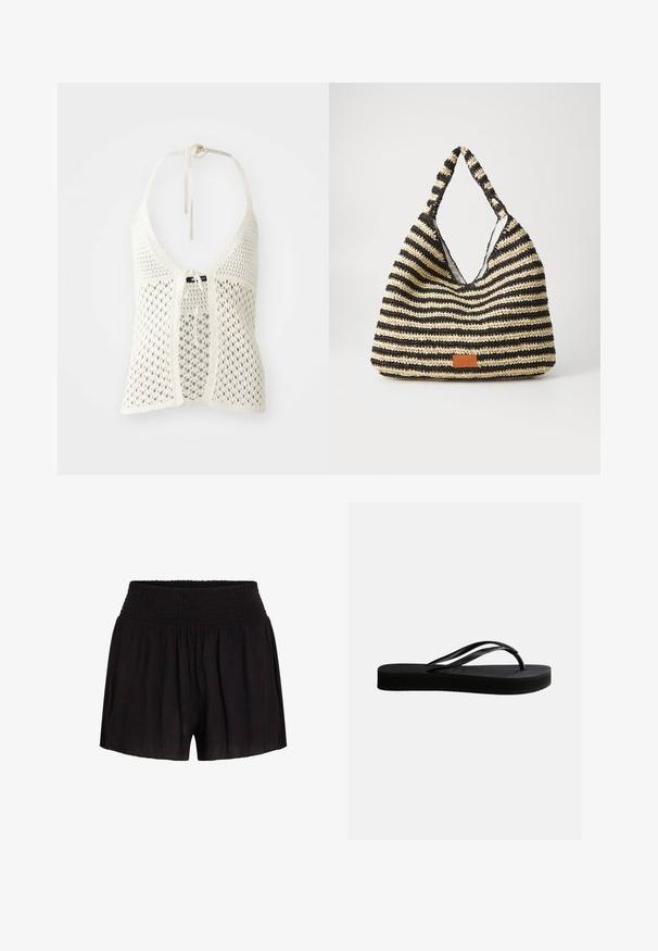 Haut halter en crochet blanc avec un design ouvert, des liens réglables au cou et une fermeture à nouer à l'avant, avec un sous-vêtement uni pour le soutien.; Shorts noirs en tissu léger, avec une ceinture froncée et une coupe ample, dotés d'une surface douce et légèrement texturée.; Tongs en caoutchouc noir avec semelle texturée et bride en forme de Y, vues de côté sur un fond clair uni.; Sac tissé rayé en noir et beige, avec un design décontracté, une surface texturée et une petite pièce en cuir en accent.