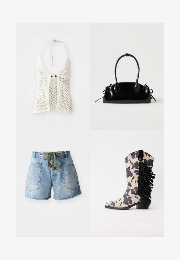 Hvid hæklede halterneck-top med et åbent design, justerbare halsbånd og en frontknaplukning med en solid underlag for støtte.; Lyst blå denimshorts med frynsede kanter. Har to baglommer og en snøre med sølvøjer til justerbar pasform.; Cowboystøvle til midt på læggen med ko-mønster, sort frynser langs siden og lav blokhæl på hvid baggrund.; Lille sort blank håndtaske med to lange håndtag og snøre-detaljer i siden på en ensfarvet lys baggrund.