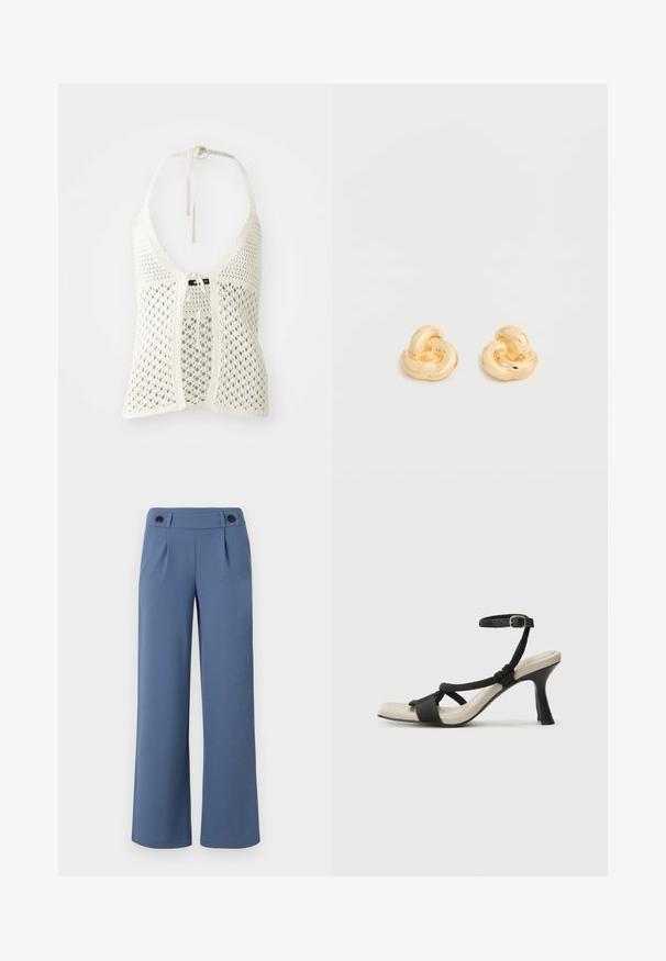 Haut halter en crochet blanc avec un design ouvert, des liens réglables au cou et une fermeture à nouer à l'avant, avec un sous-vêtement uni pour le soutien.; Pantalons larges bleus en tissu lisse, avec une taille plate, deux plis et deux boutons noirs à la taille.; Sandale à talon noir avec un design de brides tressées, bout carré et bride de cheville réglable. Semelle intérieure beige claire avec un talon noir brillant.; Paire de clous d'oreilles en forme de nœud, couleur or brillant, sur un fond blanc uni.