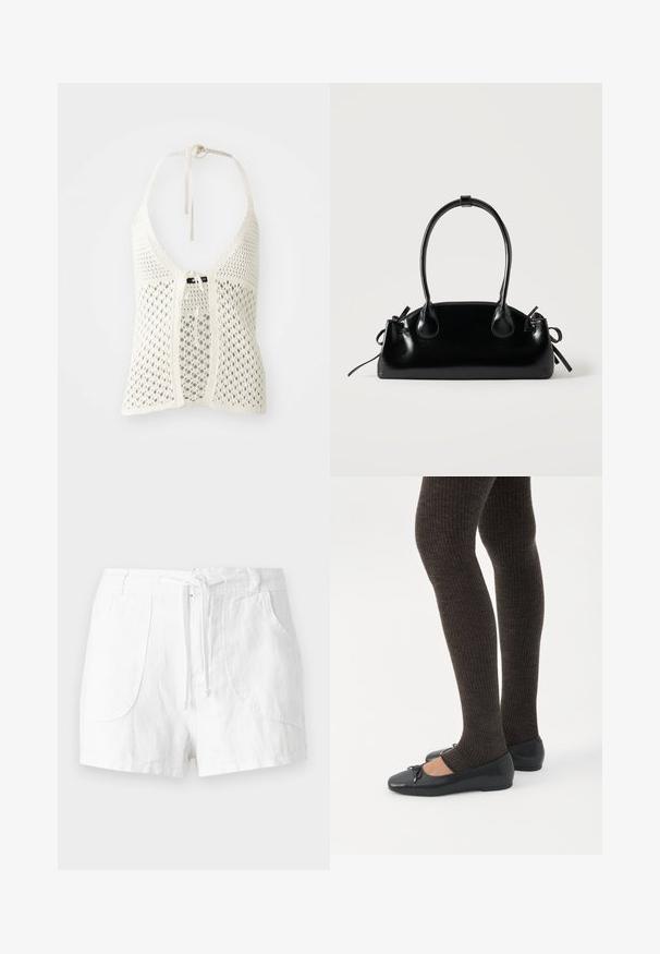 Λευκό πλεκτό halter top με ανοιχτό σχέδιο, ρυθμιζόμενους ιμάντες γύρω από το λαιμό και κλείσιμο μπροστά με κορδόνι, που διαθέτει ενισχυτική εσωτερική επένδυση.; Λευκές λινές βερμούδες με μέση που ρυθμίζεται με κορδόνι, διαθέτουν δύο μπροστινές τσέπες και λεία υφή. Απλός σχεδιασμός χωρίς διακοσμητικά στοιχεία.; Πόδια με σκουρόχρωμα ριμπ κολάν συνδυασμένα με μαύρα μπαλαρίνα παπούτσια με μικρές λεπτομέρειες φιόγκων σε λευκό φόντο.; Μικρή μαύρη γυαλιστερή τσάντα με δύο μακριές λαβές και λεπτομέρειες με ρυθμιζόμενο κορδόνι στο πλάι σε απλό ανοιχτό φόντο.