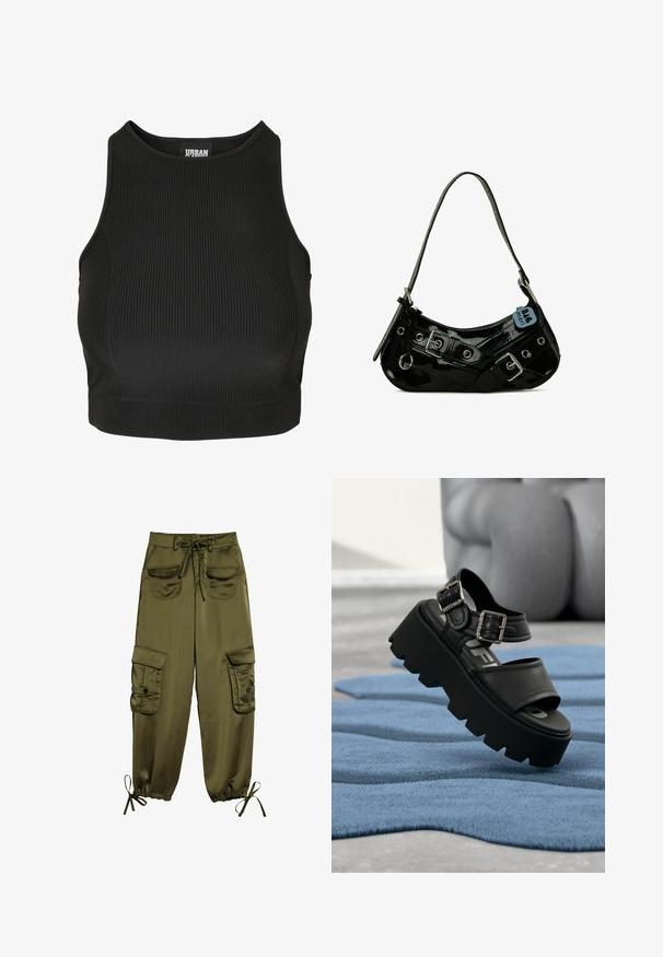 Sort ribbet crop top med høj hals og tætsiddende design. Fremstillet af et strækbart materiale med en glat tekstur og uden synlige lukninger.; Olivenfarvede cargo bukser lavet af glat stof, med to frontlommer, justerbar talje bånd og elastiske manchetter med snore ved anklerne.; Sort chunky platformsandal med to sølvspænder på blåt tekstureret tæppe, sløret grå skulptur i baggrunden.; Sort lakeret skuldertaske med en buet form, udsmykket med sølvhardware, dekorative spænder og en kort rem. Blå mærkat vedhæftet.