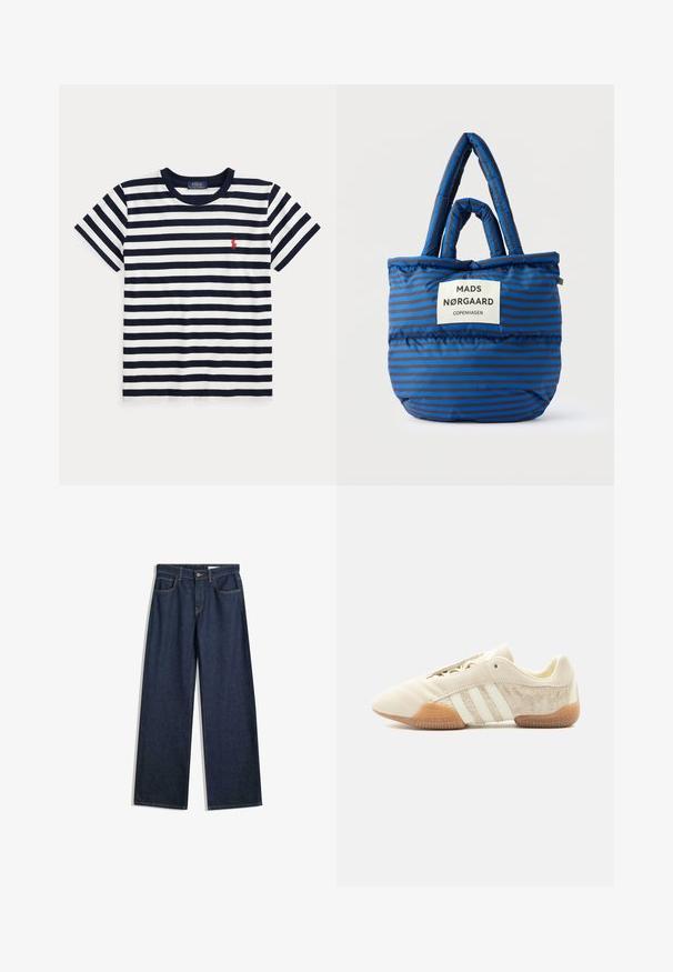 Marineblå og hvide horisontale stribede T-shirt med korte ærmer, rund halsudskæring og en lille rød Polo Ralph Lauren-logo på brystet.; Bredde ben mørke denimjeans med fem lommer, synlig syning og knaplukning. Har en lige pasform og let slid.; Lavprofileret beige sneaker med tre hvide striber, teksturerede ruskindssidepaneler, gummisål og snørelukning på ensfarvet baggrund.; Blå og sortstribet polstret shoppertaske med to hængsler og et hvidt mærke med teksten "Mads Nørgaard Copenhagen" på forsiden.