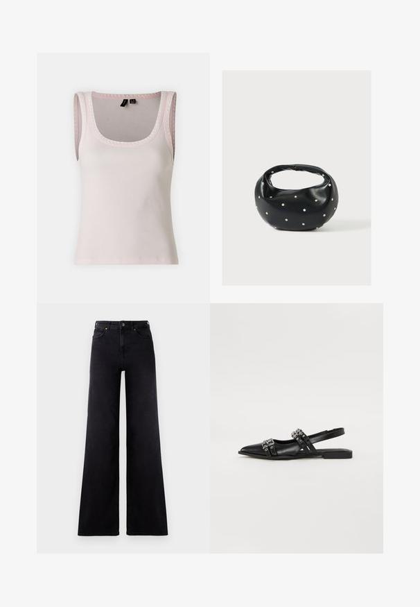 Lys rosa ribbet tanktop med en rund hals og brede stropper, med en dekorativ kant langs halsudskæringen og ærmegabene.; Højtaljede sorte wide-leg jeans med frontlommer, bælteløkker og knappelukning.; Even&Odd by Zalando Slingback-ballerinasko - black; Sort læderhåndtaske med en rundet form, dekoreret med sølvnitter, og et kort håndtag. Glat tekstur og lynlåslukning.