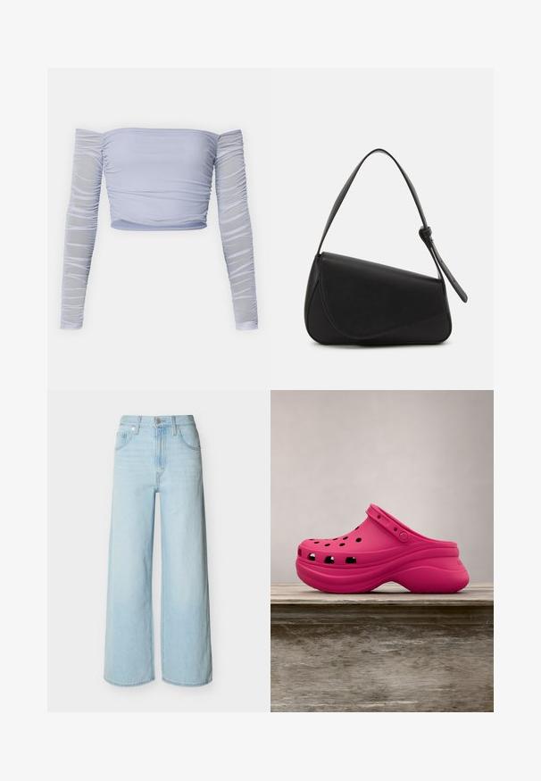 Svetlomodrý crop top s odhalenými plecami a dlhými nariasenými rukávmi, jemná textúra, priliehavý strih a bezšvové zakončenie na výstrihu.; Svetlomodré nohavice širokého strihu so zapínaním na gombík a zips vpredu, pútkami na opasok a klasickým dizajnom s piatimi vreckami.; Jasne ružové gumené klobúkové topánky s ventilačnými otvormi, zadným pásikom a zakrivenou platformou pre pohodlie. Elegantná a hladká textúra po celom povrchu.; Čierna kožená kabelka s trojuholníkovým tvarom, šikmým klopou a zaoblenou rukoväťou. Má hladkú textúru a minimalistické dizajnové detaily.