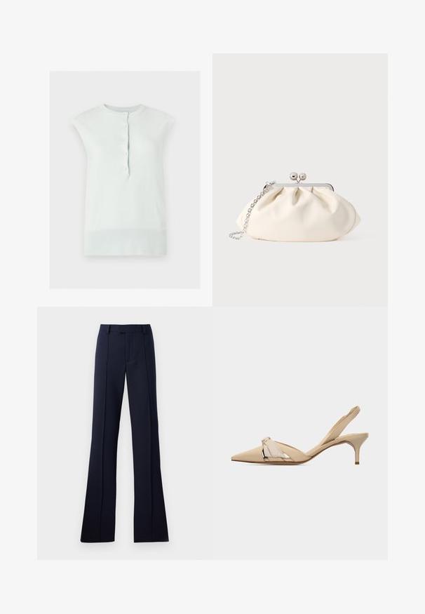 Mouwloze witte gebreide top met geribde kraag en zoom, voorzien van een knoopsluiting aan de voorkant met vijf knopen.; Navyblauwe, uitlopende broek gemaakt van een gladde stof. Heeft een platte voorkant, riemlussen en persplooien. Geen zichtbare patronen of accenten.; Beige kittenheel slingback met puntige neus, decoratieve knoop op het bovenwerk en een lage, slanke hak.; Crèmekleurige stoffen clutch met een geplooid ontwerp, een zilverkleurig metalen frame, twee decoratieve balletjes en een zilveren kettingriem.