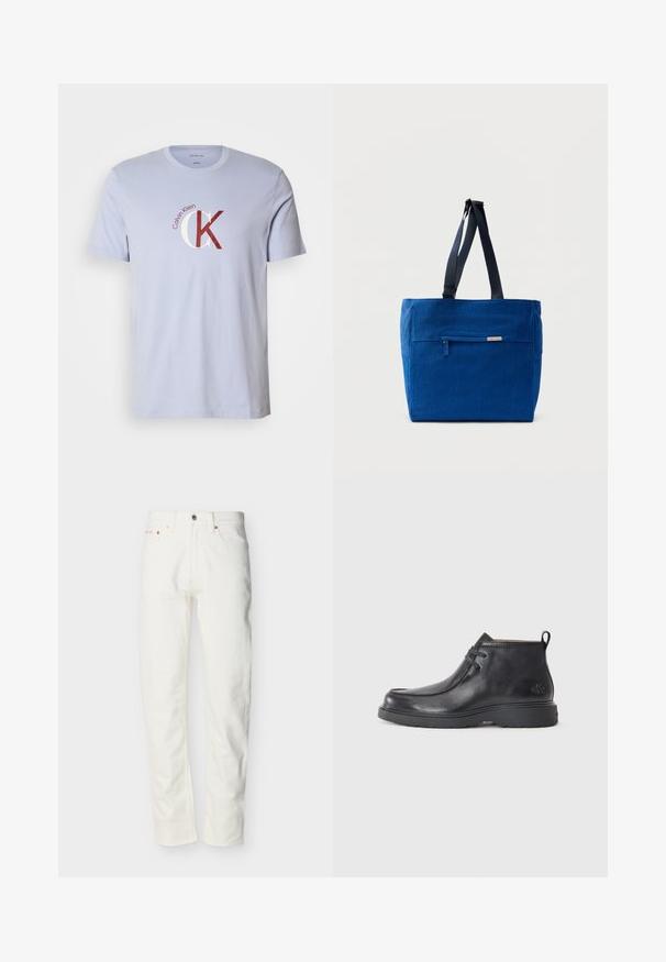 T-shirt en coton bleu clair avec un logo imprimé en rouge et blanc. Col ras du cou classique et manches courtes avec une coupe standard.; Jean en denim blanc pour homme, coupe droite, avec bouton et fermeture éclair à l'avant, passants pour ceinture et design à cinq poches.; Bottes noires en cuir à talon arrondi, avec un design à lacets et une languette à l'arrière. Tige texturée et semelle en caoutchouc.; Sac fourre-tout en toile bleue avec une poche zippée à l'avant, des doubles bretelles et une forme rectangulaire. Dispose d'une étiquette de marque discrète.