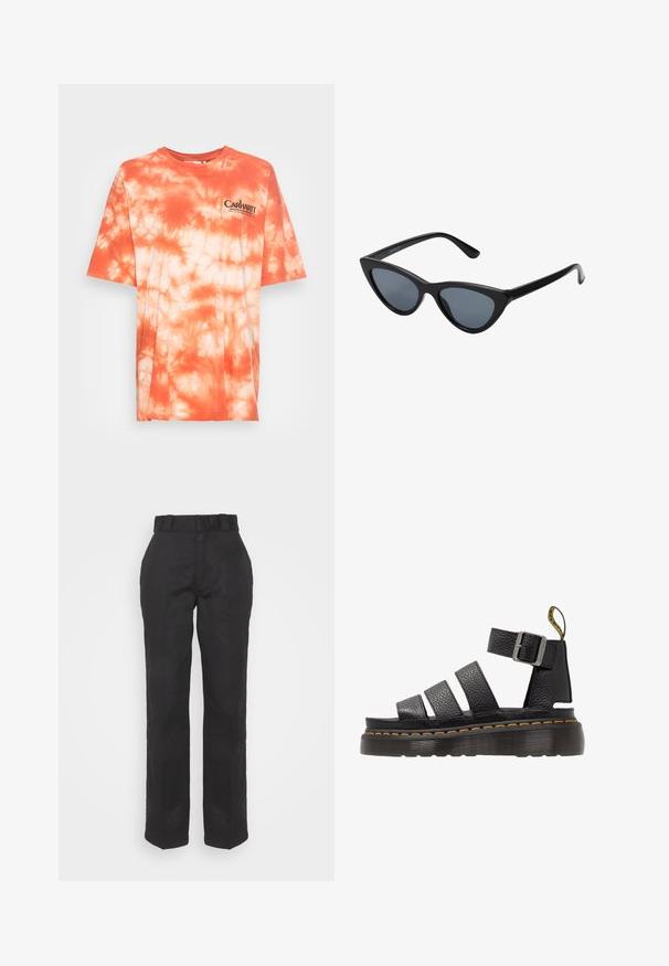 Carhartt WIP ZONK - T-shirt print - elba / grapefruit / black; Zwarte broeken met een gladde textuur, recht gesneden ontwerp en een taille met riem. Heeft een eenvoudige, klassieke silhouet zonder extra patronen.; Zwarte leren sandaal met drie brede banden, verstelbare metalen gesp, dikke gestructureerde zool en oranje stiksel langs de rand.; Zwarte cat-eye zonnebril met donkergrijze lenzen, slank plastic frame, puntige hoeken en rechte pootjes. Geen zichtbare hardware of accenten.