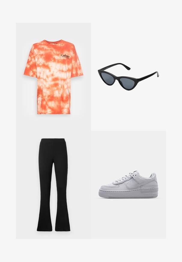 Carhartt WIP ZONK - T-shirts print - elba / grapefruit / black; Sorte ribbede flared bukser med høj talje. Det bløde, elastiske materiale giver en tætsiddende silhuet og en flared bund for stil og komfort.; Grå Nike Air Force 1 sneakers med perforeret tå, glat læderoverdel, tyk sål og præget 'AIR' detalje på hælen.; Sorte katteøje solbriller med mørkegrå linser, slankt plastisk stel, spidse hjørner og lige stænger. Ingen synlig hardware eller dekorationer.