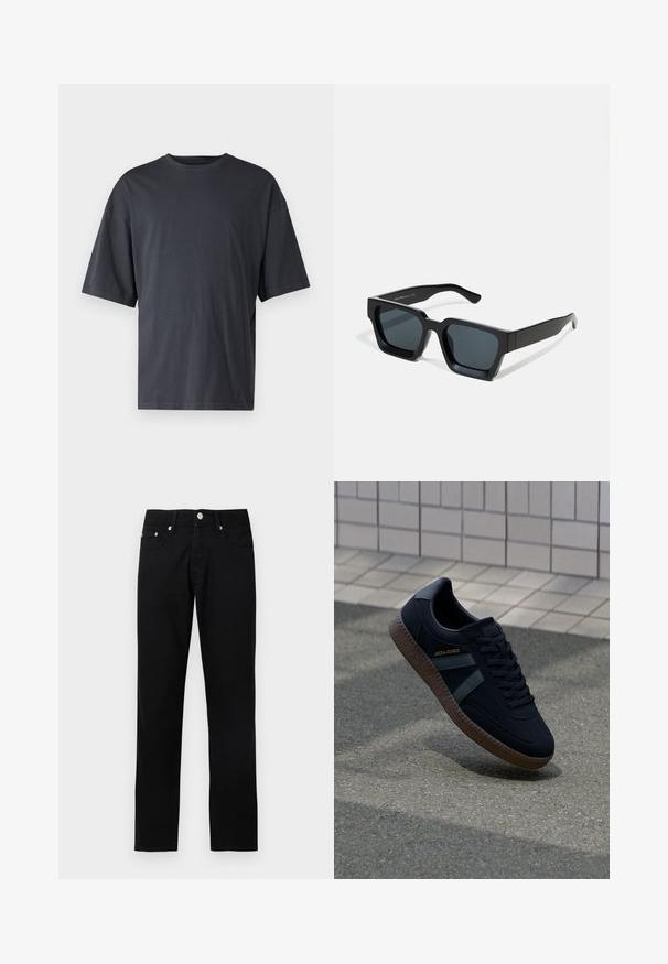 Dunkelgraues Kurzarm-T-Shirt aus leichtem Baumwollmaterial, mit lockerer Passform und klassischem Rundhalsausschnitt, in einfarbigem Design ohne Muster.; Schwarze Jeans mit geradem Bein, vorderer Knopfleiste, Reißverschluss, Gürtelschlaufen und fünf Taschen auf hellgrauem Hintergrund.; Schwarze Sneaker mit strukturierter Oberfläche, dunkelgrünen Streifen und brauner Gummisohle. Mit Schnürung und Branding an der Seite.; Schwarze rechteckige Sonnenbrillen mit dunklen Gläsern. Dickes, glattes Kunststoffgestell mit leicht glänzender Oberfläche und geraden Bügeln.
