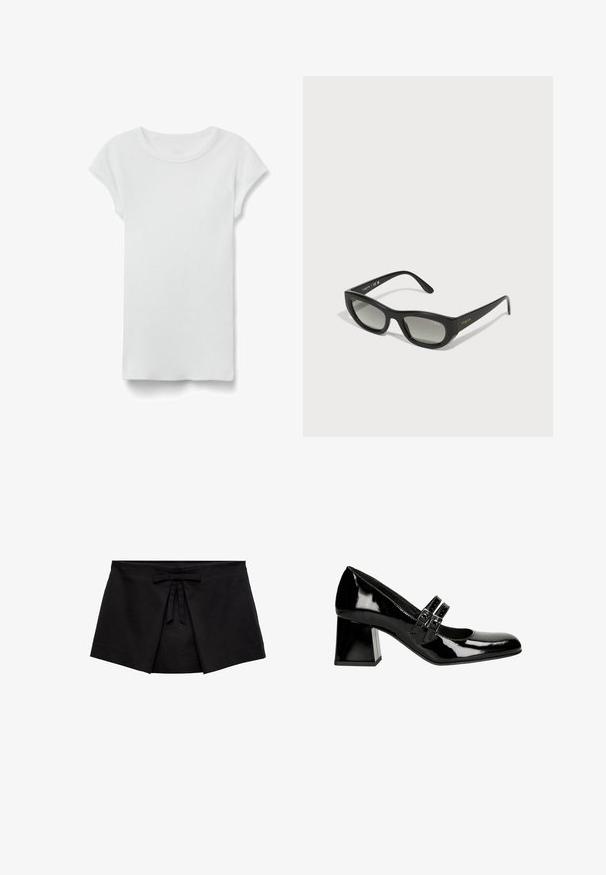 Wit geribd T-shirt met korte mouwen en ronde hals, plat liggend op een witte achtergrond, toont de voorkant en een eenvoudige casual stijl.; Zwarte wikkelstijl minirok met voorplooidetail en een kleine strik bij de tailleband.; Zwarte gepatineerde leren Mary Jane hakken met een vierkante neus, twee gesp straps en een chunky hak. Soepele textuur met een glanzende afwerking.; Zwarte zonnebril met een slank, rechthoekig montuur. Voorzien van donkere gradient lenzen en gouden 'vogue' branding op de slapen.