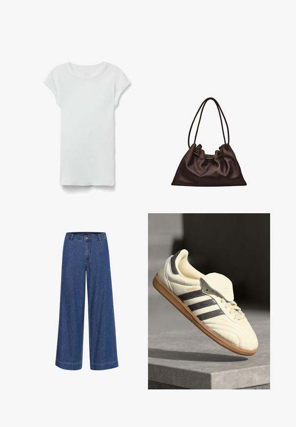 Hvid kortærmet ribbet T-shirt med rund hals, lagt fladt på hvid baggrund, viser forsiden og simpel afslappet stil.; VIDE benbukser i mørkeblå denim. Lavet af bomuld, med knaplukning, frontlommer og en ren kant.; Cremefarvede lædersneakers med tre mørke striber, en brun gummisål og en afrundet tå. Har en foldbar tunge mærket "SAMBA."; Blød mørkebrun læderhåndtaske med en slasket form og to tynde skulderstropper mod en hvid baggrund.
