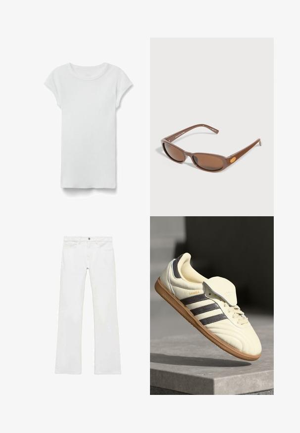 Weißes kurzärmeliges, geripptes T-Shirt mit Rundhalsausschnitt, flach auf weißem Hintergrund liegend, zeigt die Vorderseite und einen einfachen, legeren Stil.; Weiße, ausgestellte Jeans aus einem glatten Baumwollstoff, mit fünf Taschen, einem Metallknopfverschluss und Gürtelschlaufen. Die Beine haben ein leichtes Verfeinerungsdetail.; Cremfarbene Ledersneaker mit drei dunklen Streifen, einer braunen Gummisohle und einer abgerundeten Zehenpartie. Hat eine faltbare Zunge, die mit "SAMBA" beschriftet ist.; Braune rechteckige Sonnenbrille mit leicht gewölbten Gläsern und dünnen Bügeln, liegend auf einer hellgrauen Oberfläche.