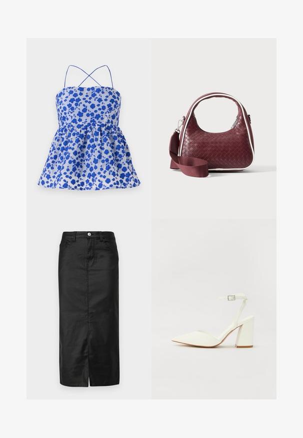 Haut à imprimé floral bleu avec bretelles spaghetti, taille froncée et ourlet évasé. Fabriqué en tissu léger. Présente de petites fleurs bleues sur un fond clair.; Jupe midi en denim noir avec fente avant, design à cinq poches et fermeture à bouton en métal. Texture lisse et forme classique droite.; Sandale blanche à talon avec un bout pointu, sangle de cheville réglable et un talon carré épais. Texture lisse avec des détails de couture minimaux.; Sac à main en cuir tressé marron foncé avec poignée courbée, garniture blanche, fermeture éclair argentée et bandoulière large en tissu amovible sur fond uni.