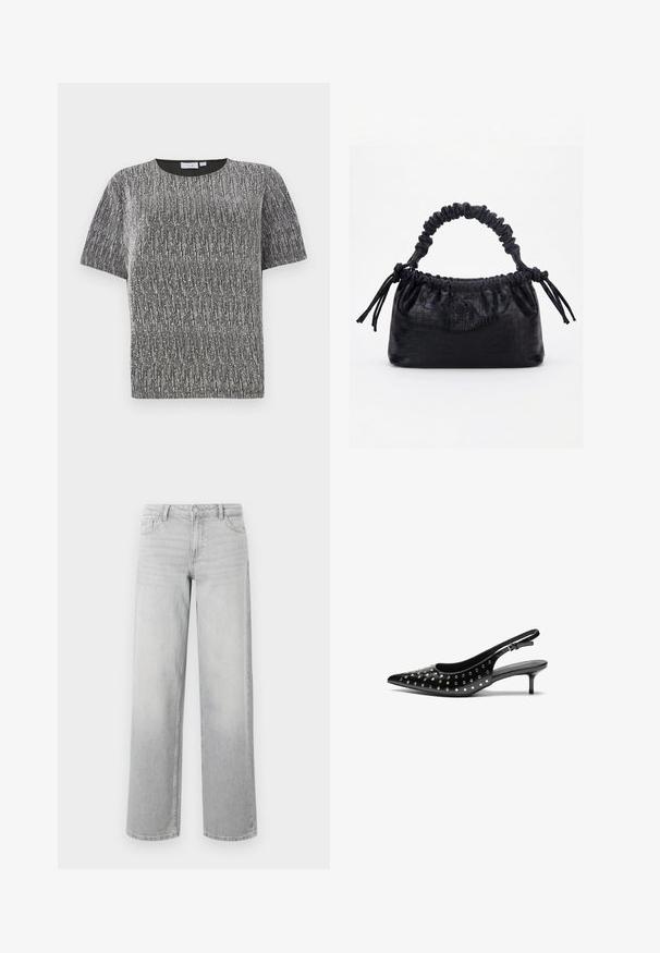Top de punto texturizado negro y plateado metálico de manga corta, con cuello redondo y corte ajustado.; Jeans de pierna ancha de color gris claro, confeccionados en denim. Cuentan con cinco bolsillos, cierre de botón y una sutil textura desgastada para un aspecto usado.; Zapatos de tacón slingback de cuero negro con punta afilada y tacón pequeño. Decorados con tachuelas metálicas a lo largo del empeine para añadir textura.; Bolso negro con textura de cocodrilo, borde superior fruncido, asa recogida y cordones con borlas en cada lado sobre un fondo blanco.