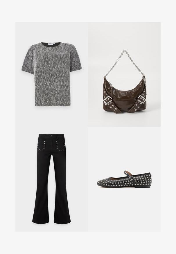 T-shirt à manches courtes en tricot texturé métallique argent et noir avec un col rond et une coupe ajustée.; Pantalon noir évasé avec poches avant décorées de clous argentés espacés régulièrement, fermeture par bouton et fermeture éclair.; Chaussure plate en cuir noir avec un bout rond, dotée d'une sangle et de clous argentés répartis uniformément sur la surface supérieure.; Sac à main en cuir verni marron foncé avec une bandoulière en chaîne argentée, des ceintures décoratives à double boucle et une fermeture éclair.