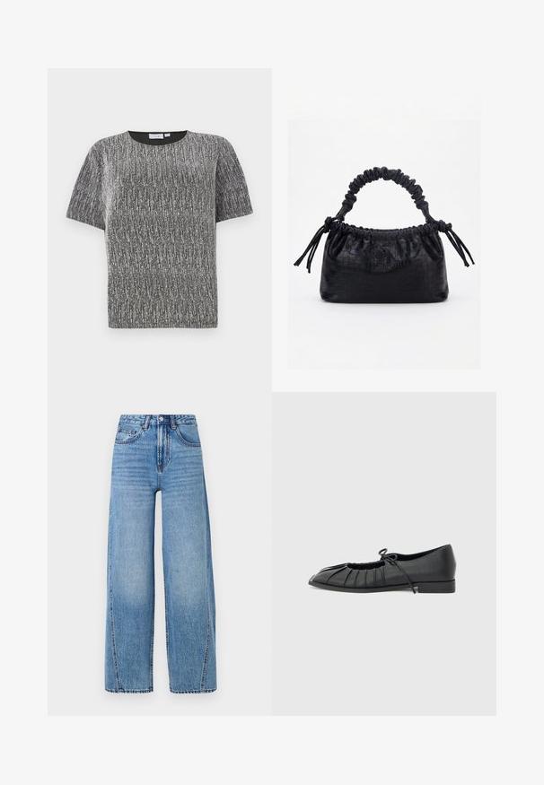 Kurzärmliges, metallic silbernes und schwarzes, strukturiertes Strickoberteil mit Rundhalsausschnitt und schmaler Passform.; Hochtaillierte, hellblaue, weite Jeans mit Fronttaschen, Gürtelschlaufen, Knopfverschluss und sichtbaren Steppnähten.; Schwarzer flacher Schuh mit plissiertem Vorderteil und einer gebundenen Schleife oben, niedriger Absatz und glatter Textur auf hellgrauem Hintergrund.; Schwarze Handtasche mit Krokodilstruktur, gerafftem oberen Rand, zusammengezogenem Griff und Zugkordeln mit Quasten an jeder Seite vor weißem Hintergrund.