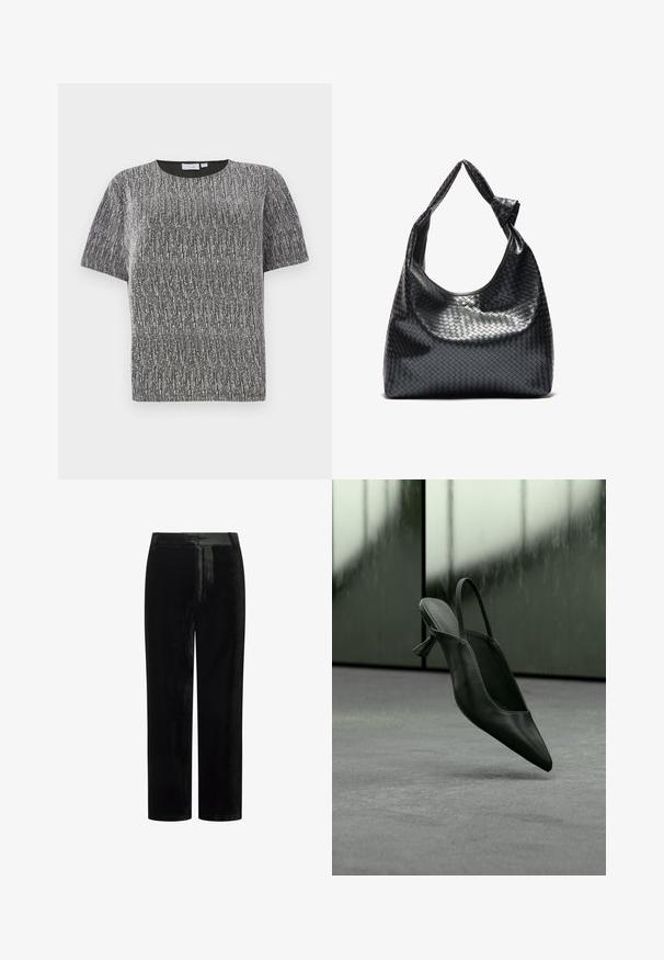 Korte mouwen metallic zilveren en zwarte gewoven top met een ronde halslijn en een slim fit.; Zwarte fluwelen broek met een recht model, voorzien van een platte tailleband en een gladde textuur, geschikt voor formeel of casual gebruik.; Zwarte leren slingback pumps met hoge hak en spits toelopende neus zwevend boven een grijs tapijtvloer, wazige groenachtige muur op de achtergrond.; Zwarte geweven lederen handtas met een slouchy ontwerp, voorzien van een geknoopte schouderband en een kleine decoratieve gouden stud aan de bovenkant.