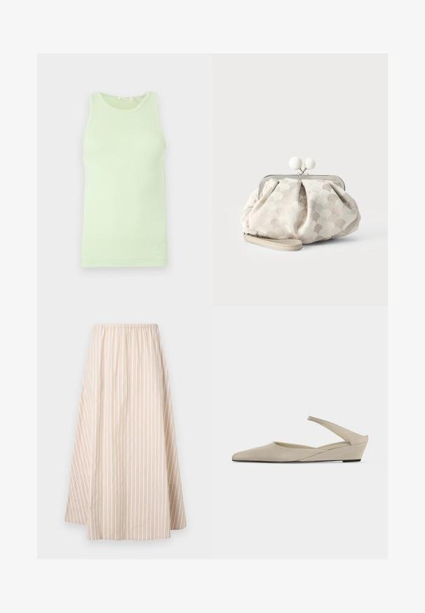 Débardeur vert clair sans manches avec encolure ronde, tissu lisse et détail subtil du logo sur l'ourlet inférieur.; Jupe beige en ligne A avec des rayures verticales blanches, taille élastique et longueur genou à mi-mollet.; Chaussure slingback beige à petit talon compensé, bout pointu et finition mate lisse, présentée de profil sur fond blanc.; Petit sac pochette beige avec tissu texturé à pois, cadre argenté, fermoir rond blanc et bracelet de poignet amovible sur fond uni.