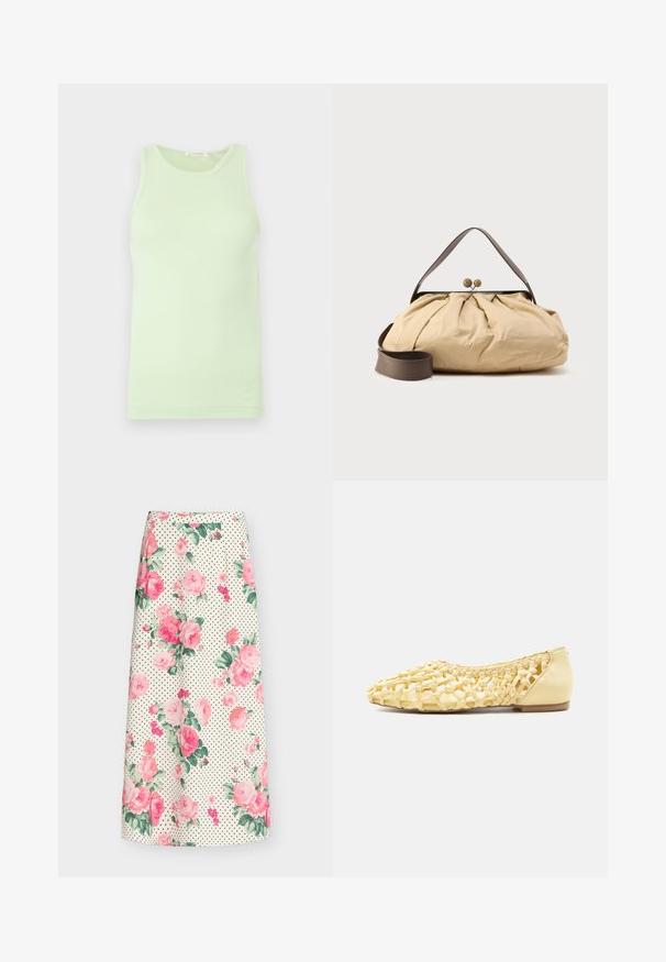 Débardeur vert clair sans manches avec encolure ronde, tissu lisse et détail subtil du logo sur l'ourlet inférieur.; Jupe trapèze avec fond crème, pois noirs et grand motif floral de roses roses.; Chaussure plate en cuir tressé jaune clair avec talon fermé et design en treillis ouvert, adaptée pour un usage décontracté.; Sac en tissu beige avec un design froncé, poignée en cuir marron et deux fermetures métalliques rondes en haut. Sangle marron réglable incluse.