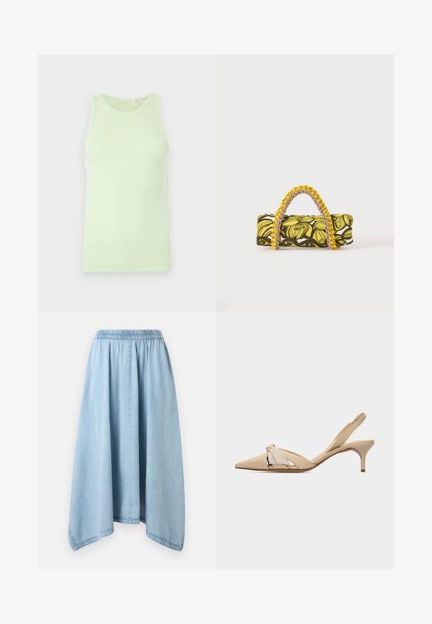 Débardeur vert clair sans manches avec encolure ronde, tissu lisse et détail subtil du logo sur l'ourlet inférieur.; Jupe en denim bleu clair avec une taille élastique et un ourlet asymétrique, suspendue sur un fond blanc uni.; Chaussure beige à bouts pointus avec bride arrière, talon kitten bas et fin, et nœud décoratif sur la tige.; Sac rectangulaire avec motif floral jaune et noir et anse tressée jaune et rose sur fond blanc.