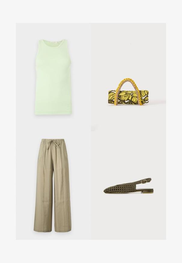 Débardeur vert clair sans manches avec encolure ronde, tissu lisse et détail subtil du logo sur l'ourlet inférieur.; Pantalon beige à jambes larges avec taille élastique et lien à l’avant, en tissu léger pour un usage décontracté.; Chaussure slingback plate tissée vert olive avec un petit talon carré et une bride à boucle dorée réglable.; Sac rectangulaire avec motif floral jaune et noir et anse tressée jaune et rose sur fond blanc.