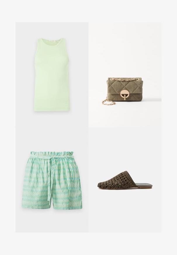 Ærmeløs lysegrøn tanktop med rund halsudskæring, glat stof og diskret logodetalje ved nederste kant.; Lettere shorts med en strækbar, samlet talje, der har skiftende lodrette striber i grøn og hvid samt et bindebælte.; Brun vævet slip-on mule med flad sål og lukket rundet tå på hvid baggrund.; Vanessa Bruno MOON - Håndtasker - kaki